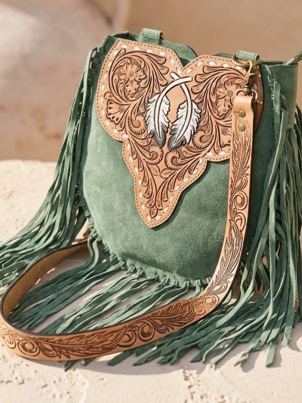 Sagebrush Boho Fringe Feather Crossbody Bag - Picture 5 of 7
